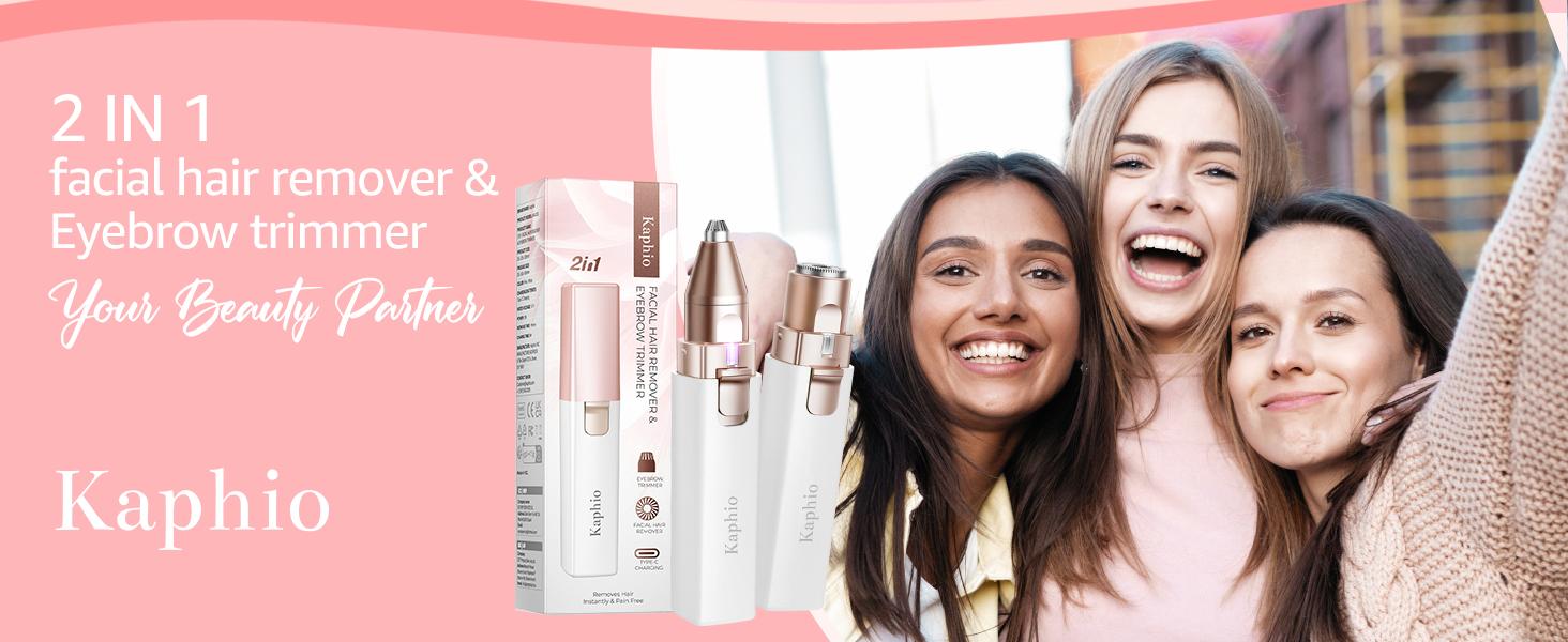 KAPHIO Facial Hair Removal for Women: Electric Eyebrow Trimmer & Hair Removal Device - 2 in 1 Rechargeable Face Shaver Painless Eyebrow Shaper for Upper Lip Chin Peach Fuzz brow