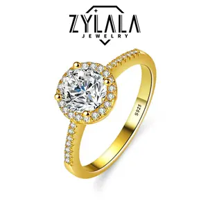 [031 Golden Color] 0.5/1.0ct Synthetic Moissanite Ring Luxury Round Shape 925 Sterling Silver Promise Ring Engagement Wedding Jewelry For Bride Noble Chrismas Gift