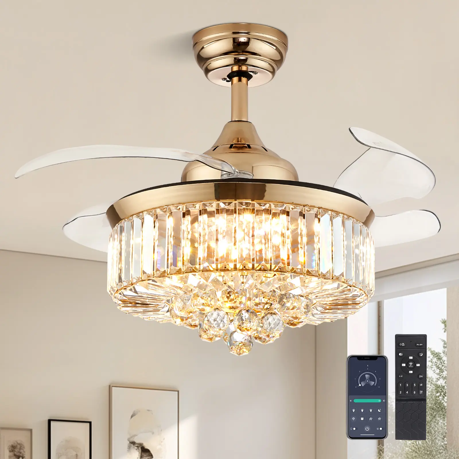 36" Gold Crystal Ceiling Fanlight with Adjustable Lighting, Dimmable Fandelier LED, Remote Control, Invisible Retractable Blades, Decorative Atmosphere Lighting for Bedroom, Living Room