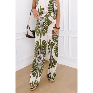 Hawaiian Paradise Satin High Waist Pants In Olive