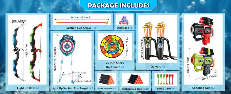VATOS 2 Pack Bow and Arrow Toy with LED Light - 4 in 1 Archery & Dart Game Set with 20 Suction Cup Arrows, Shark Glow Target & Dart Board - Indoor/Outdoor Birthday Gift for Kids Boys Girls Ages 5-12