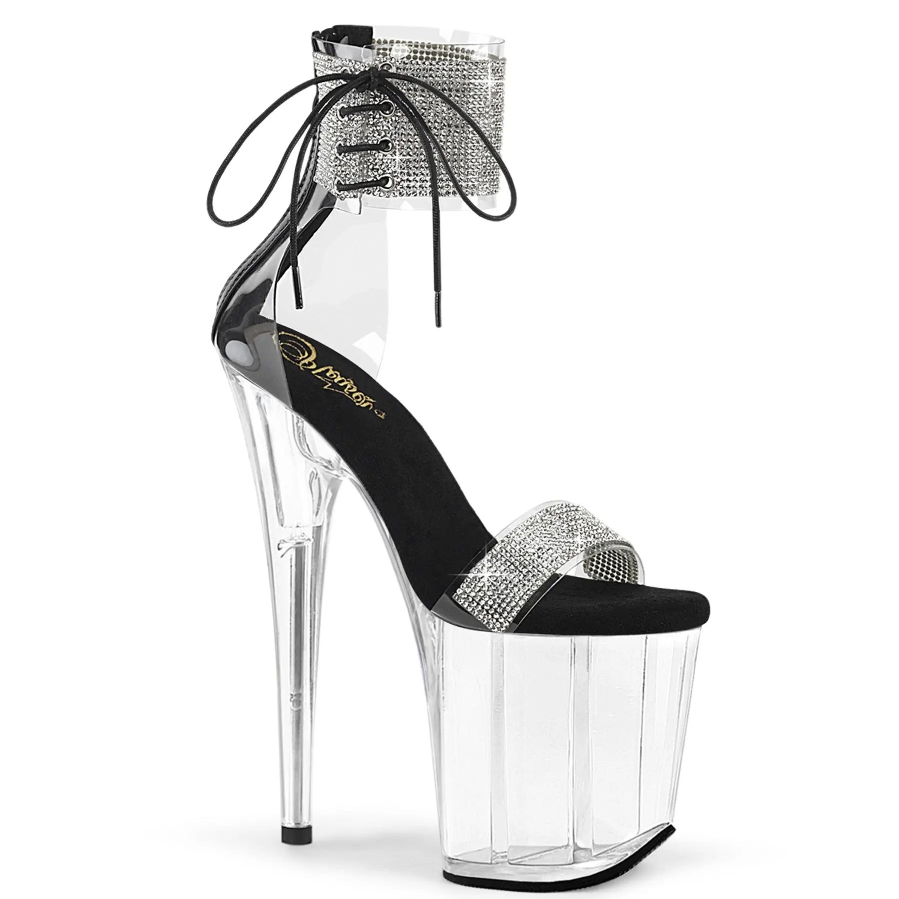 Pleaser Platform Shoes for Women, Elegant Glittering 8-Inch Stiletto Sandals with Rhinestone Ankle Cuff & Side Lacing, Elegant Heeled Shoes