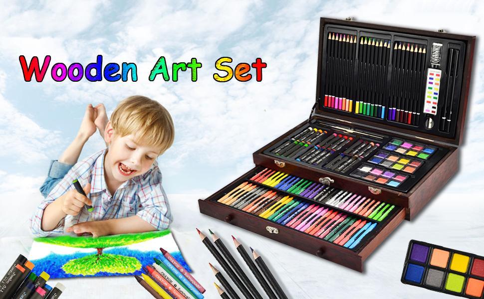 SUNNYGLADE 145 Piece Deluxe Art Set with Wooden Box Crayons Oil Pastels Colored Pencils Watercolor Cakes Sketch Pencils Paint Brush Sharpener & Eraser for Beginner to Advanced