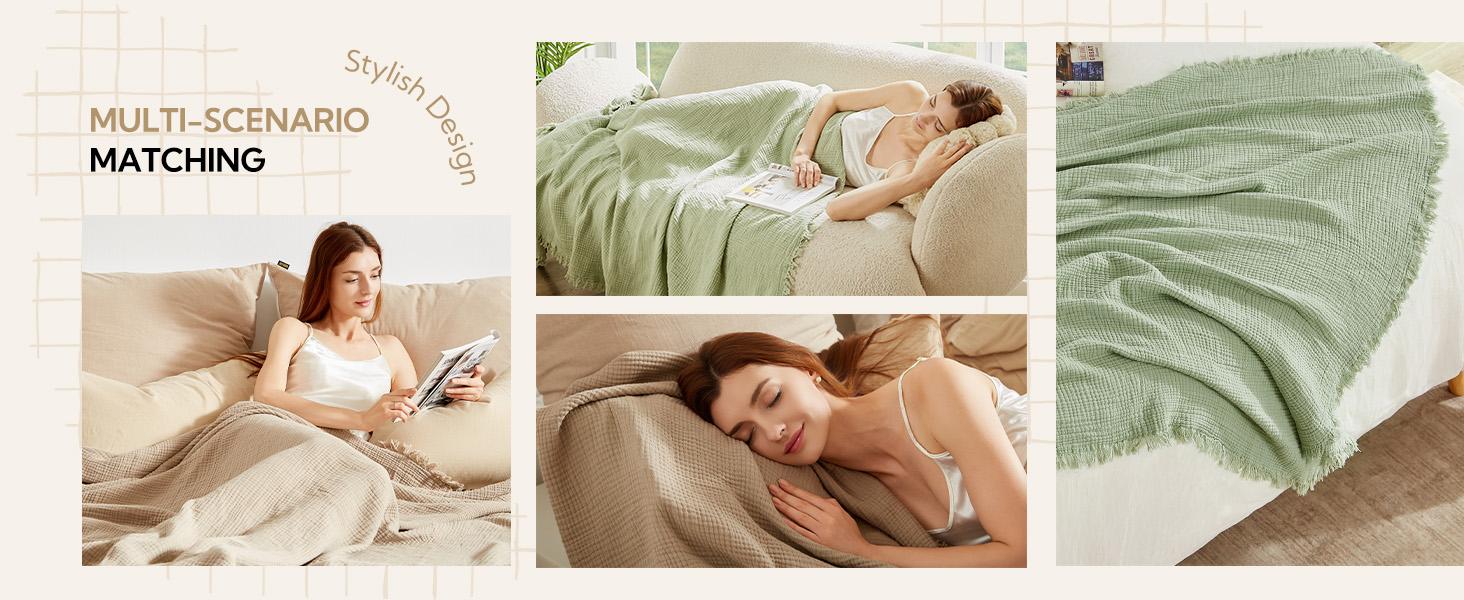 【Spring Glow Up】SOULFUL I 100% Cotton Muslin Blanket I Warmth against the cold | Four-sided fringe I Luxurious and softer  Best Gift Kids Bedroom  blanket