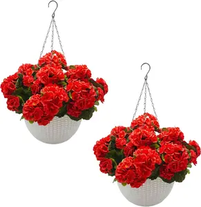 2Pcs Artificial Fake Hanging Plants Flowers with Basket,Durable Faux Floral Arrangement,for Outdoor, Patio, Garden, Indoor Home Decor,Red