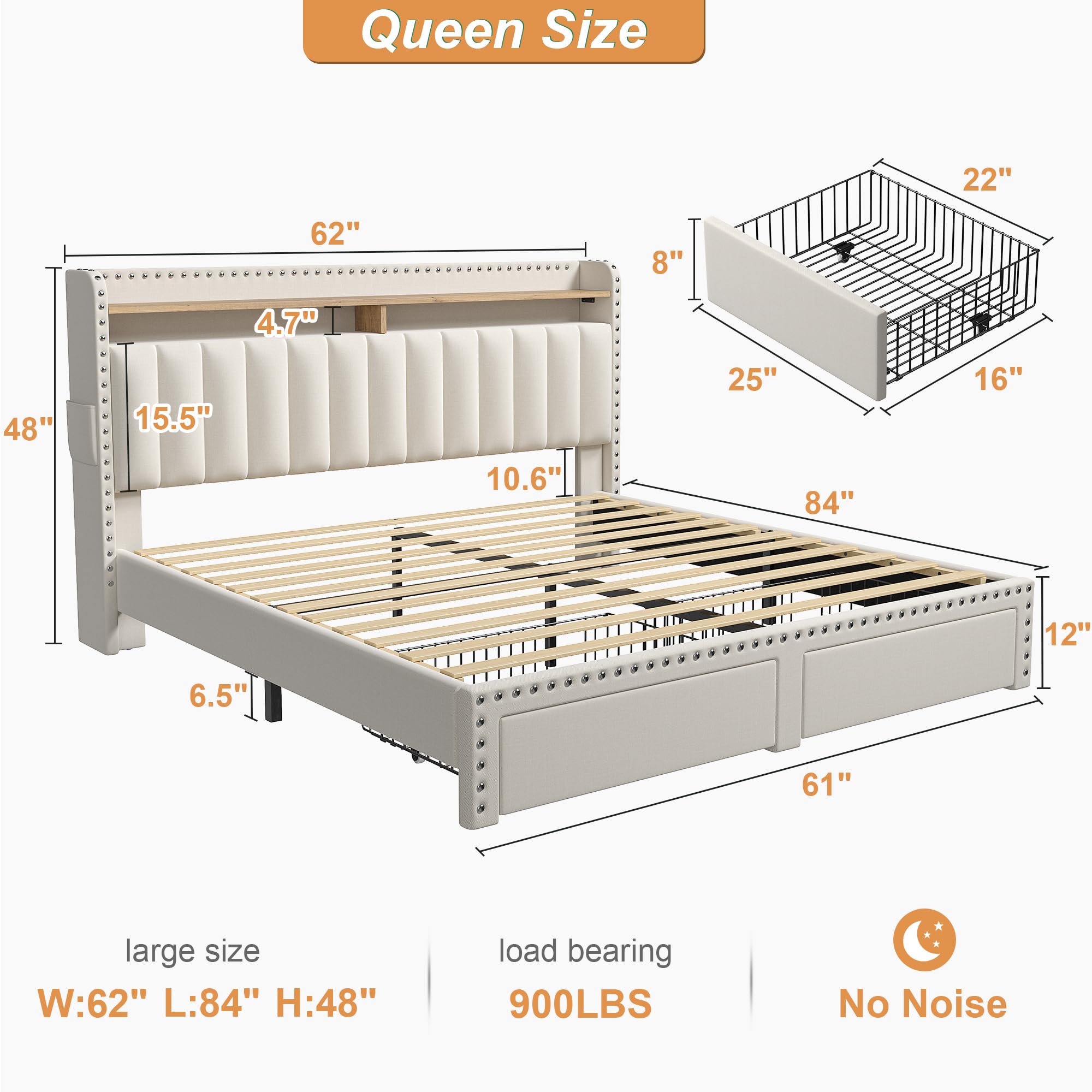 NO MATTRESS,  Queen Size Bed Frame with Storage Drawers, King Size bed with Headboard, Soft Upholstered Queen or Full Size Divan Beds with 2 Drawers and Built-in Shelves