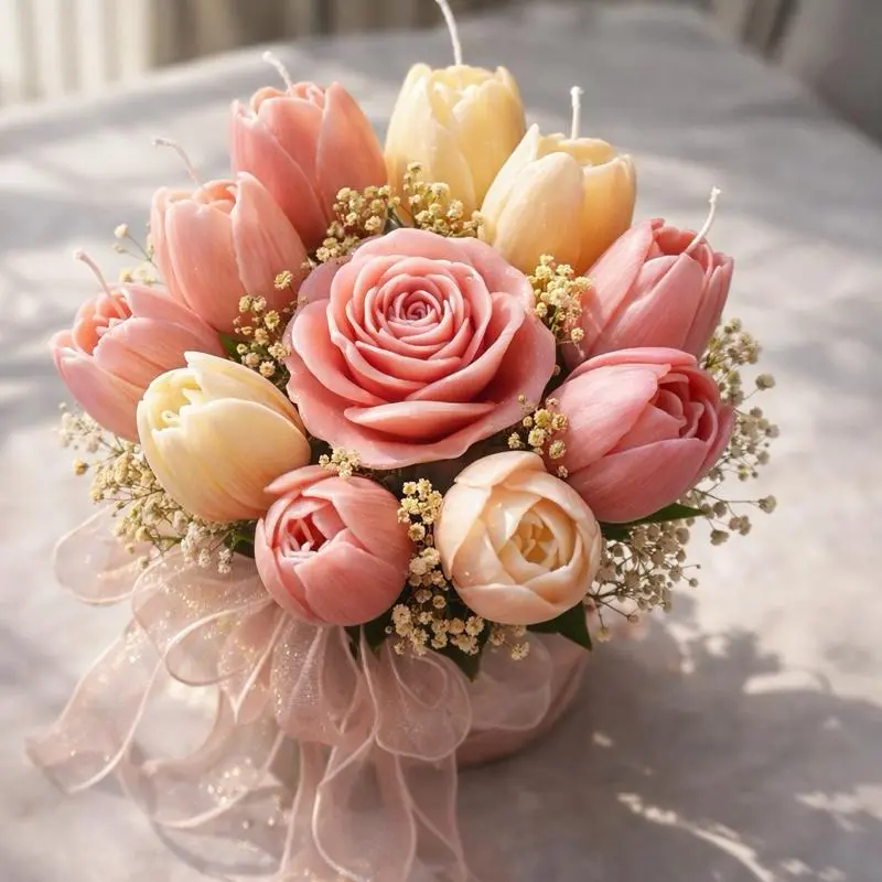 Tulip Blossom Flower Candle Bouquet - 100% Organic Soy Wax Decorative Hand-Poured Candles, Eco-Friendly Clean Burning Flowers Floral Arrangement for Home Décor, Decorative Candles
