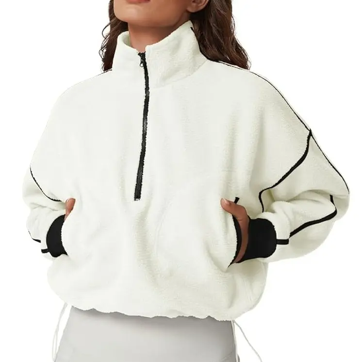 QINSEN Women's Half Zip Fleece Short Pullover Sweatshirt Winter Long Sleeve Cozy Sherpa Sweater Top