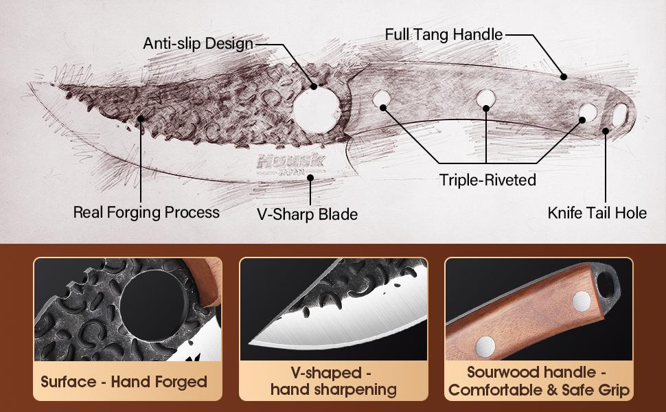 【February Faves】Huusk Hand Forged Viking Kitchen Knife – Japanese High Carbon Steel Full Tang Boning & Slicing Knife with Ergonomic Wooden Handle, Small Chef Knife for Meat, Trimming, BBQ & Outdoor Cooking Holiday Xmas Gift for Men