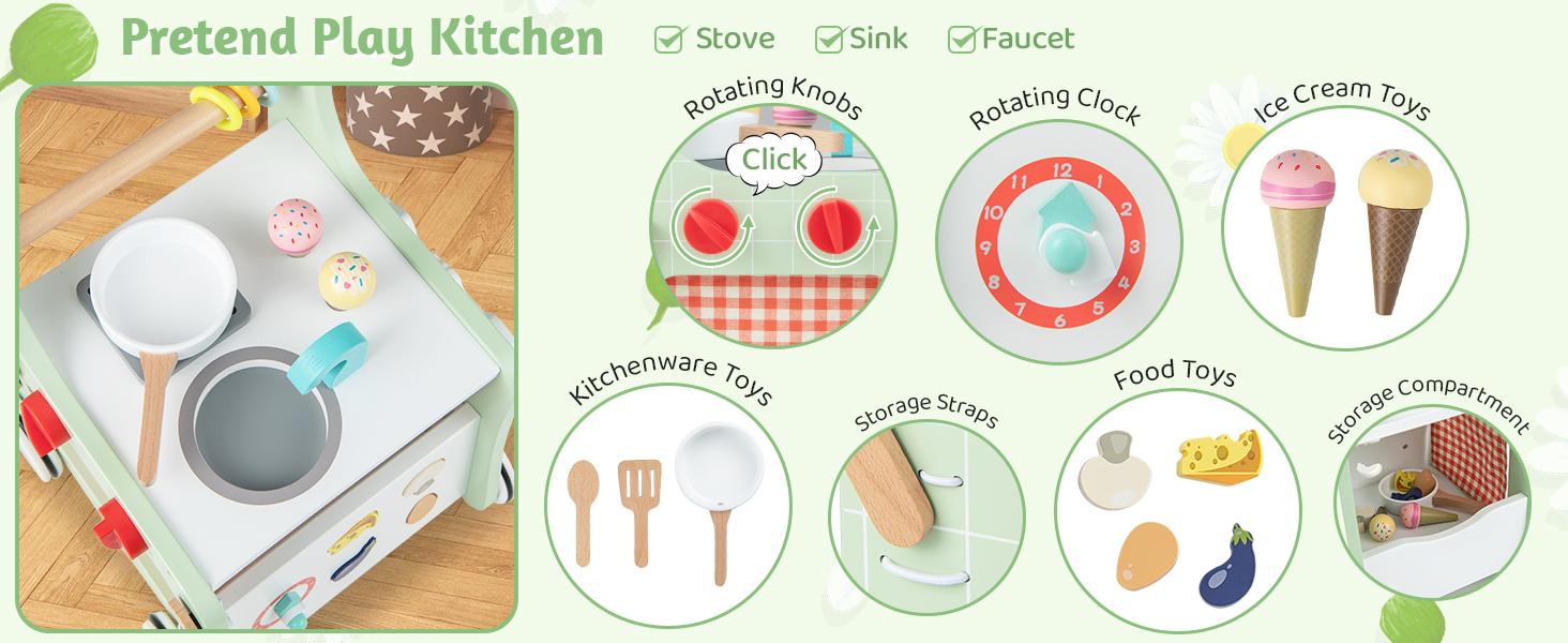 Costzon Montessori Educational Toy, Push and Pull Sit-to-Stand Learning Walker Activity Center, Wooden Baby Walker,Toddler Pretend Play Playset,Push Walker for Boys Girls