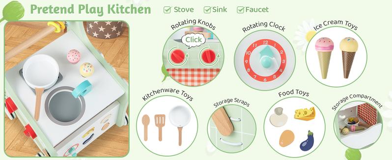 Costzon Montessori Educational Toy, Push and Pull Sit-to-Stand Learning Walker Activity Center, Wooden Baby Walker,Toddler Pretend Play Playset,Push Walker for Boys Girls