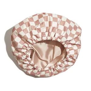 Luxury -Lined Shower Cap - Elegant Pink Checkered Waterproof Bath Cap with No-Slip Grip, Perfect Haircare & Skincare Gift