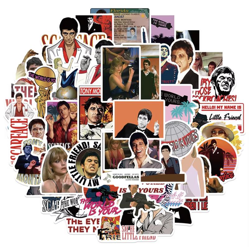 50pcs Movie Scarface Stickers Decals Waterproof DIY Graffiti Skateboard Laptop Stationery Cartoon Cool Sticker Toys Gifts Al Pacino Tony Montana The World Is Yours