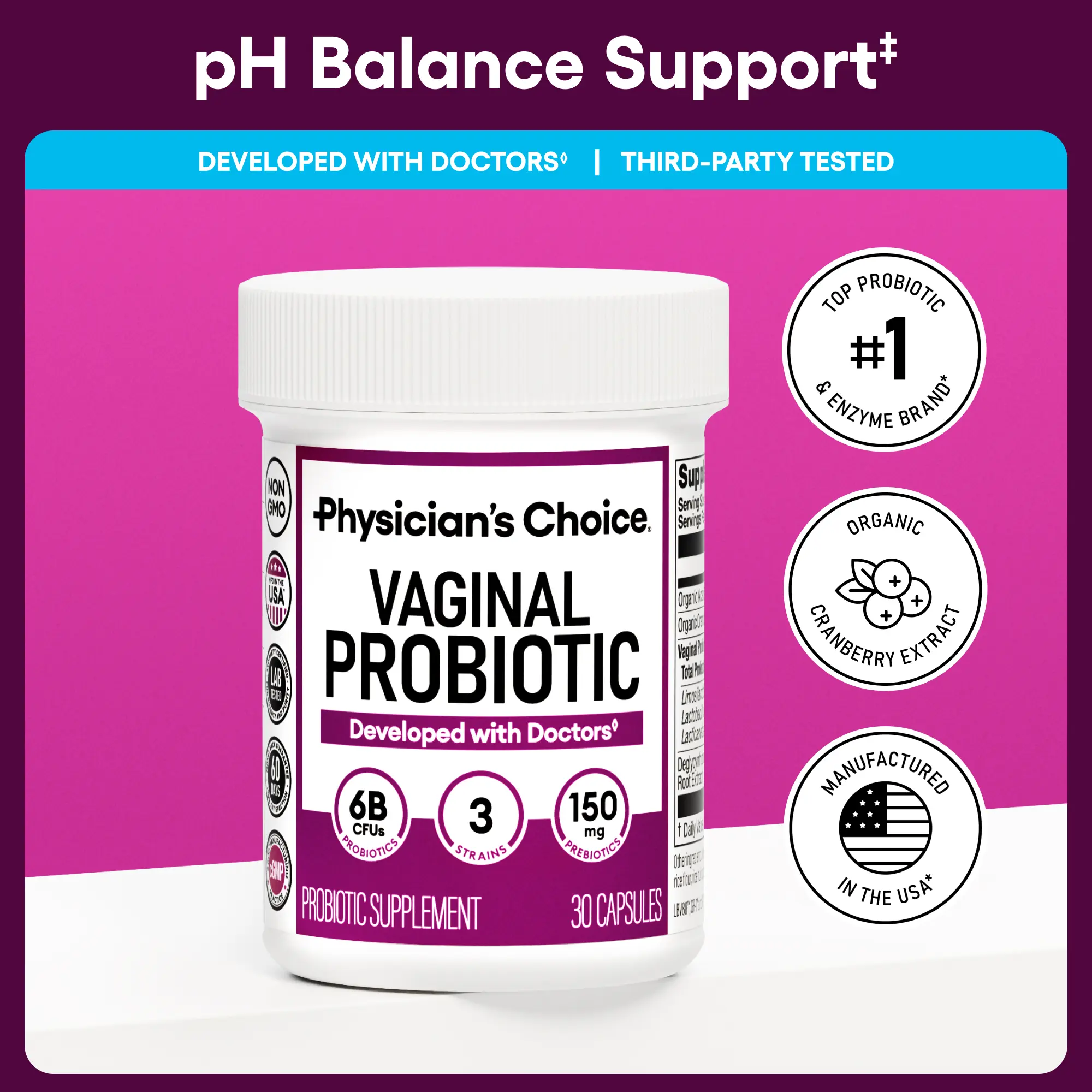 Physician's Choice Vaginal Probiotic - Odor Control, pH Balance & Daily Feminine Health Support with Cranberry and Prebiotics for Women