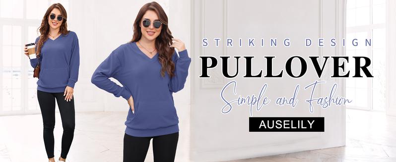 [Spring Restock] AUSELILY Women's Hoodless V-neck Sweatshirt With Kangaroo Pocket  Fleece Longsleeve Oversized Casual Style Shirt
