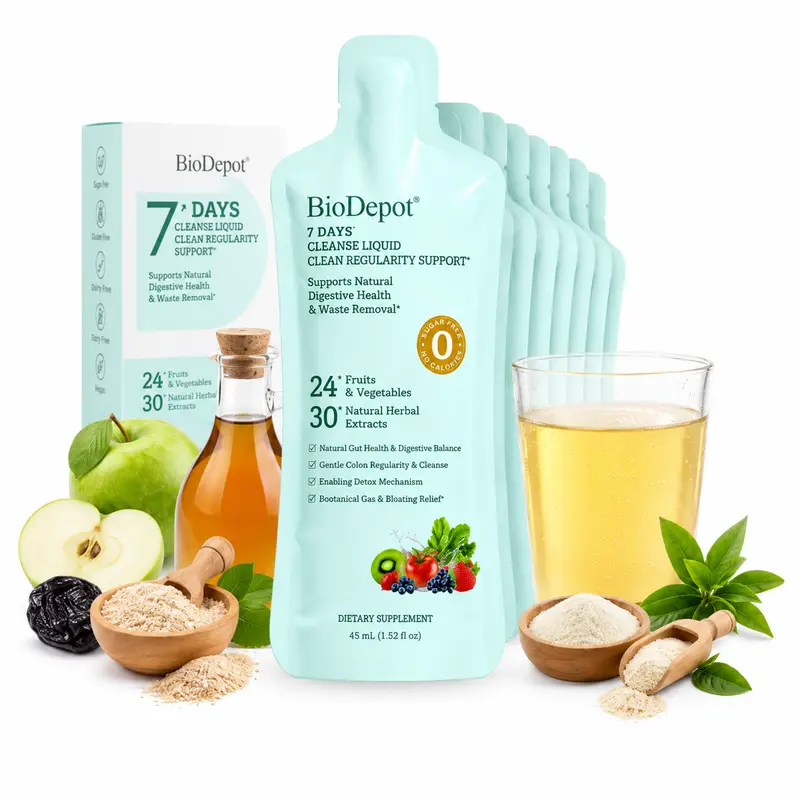 BioDepot Colon Cleanse 7-Day Organic Dietary Supplement - Mild Fruit-Veggie Formulated, Psyllium Infused, Natural Edible Liquid, Prop 65 Safe, Stimulant-Free, Gut Balance Boost, Digestion Aid, Bloating Relief, All Ages Support, Regularity