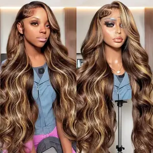 【32 Inch Only $69】 Honey Blonde Ombre Highlight 13x4 Lace Front Wigs Human Hair 180% Density HD Transparent Pre Plucked Body Wave Lace Front Wigs Human Hiar #427 Colored Human Hair Wig for Women
