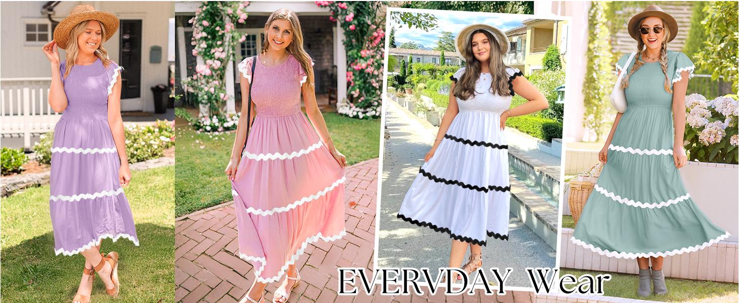 ZESICA Women's Summer Flutter Short Sleeve Smocked Midi Dress Casual High Waist Rickrack Tiered Flowy Dresses