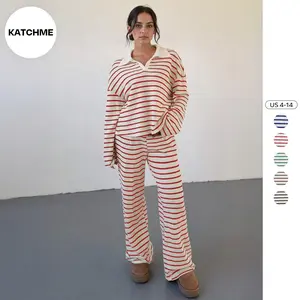 KatchMe Women's Versatile Color Matching Stripe Long Sleeve Top & Wide Leg Trousers Co-ord, Cozy V-Neck Loose Two Piece Outfits, Street Womenswear (US)