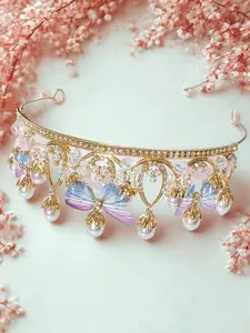 Floral Butterfly Pearl Rhinestone Tiara Headband - Gold Female Hair Accessory for Women & Girls