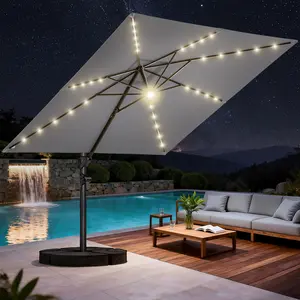 [360° Swivel]10ft Cantilever Patio Umbrella with 8 Heavy-Duty Double-Layer Ribs, 220GSM Solution-Dyed Fabric, 360° Swivel, 6-Position Tilt, Solar LED Lights, 260lb Sandbag Base for Deck, Pool, Backyard