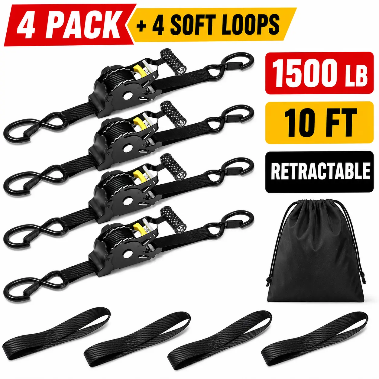 Retractable Ratchet Strap 2/4 Pack, 1" x 10 FT Heavy Duty Tie Down Straps with Soft Loops & Storage Bags, 1500 LB Cargo Straps for Truck, Motorcycle, ATV, Kayak & Trailer