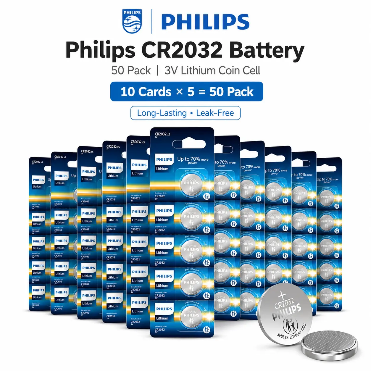 Philips CR2032 3V Lithium Coin Cell Batteries Bulk Pack (50 Count) – Long-Lasting Button Batteries for Households, Equipment, 10-Year Shelf Life
