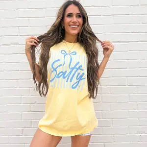 Salty, Sarcastic Beach Quote, Retro Blue Striped, Aesthetic Coquette Bow, Trendy Sassy Coastal, Whimsical Summer Tshirt