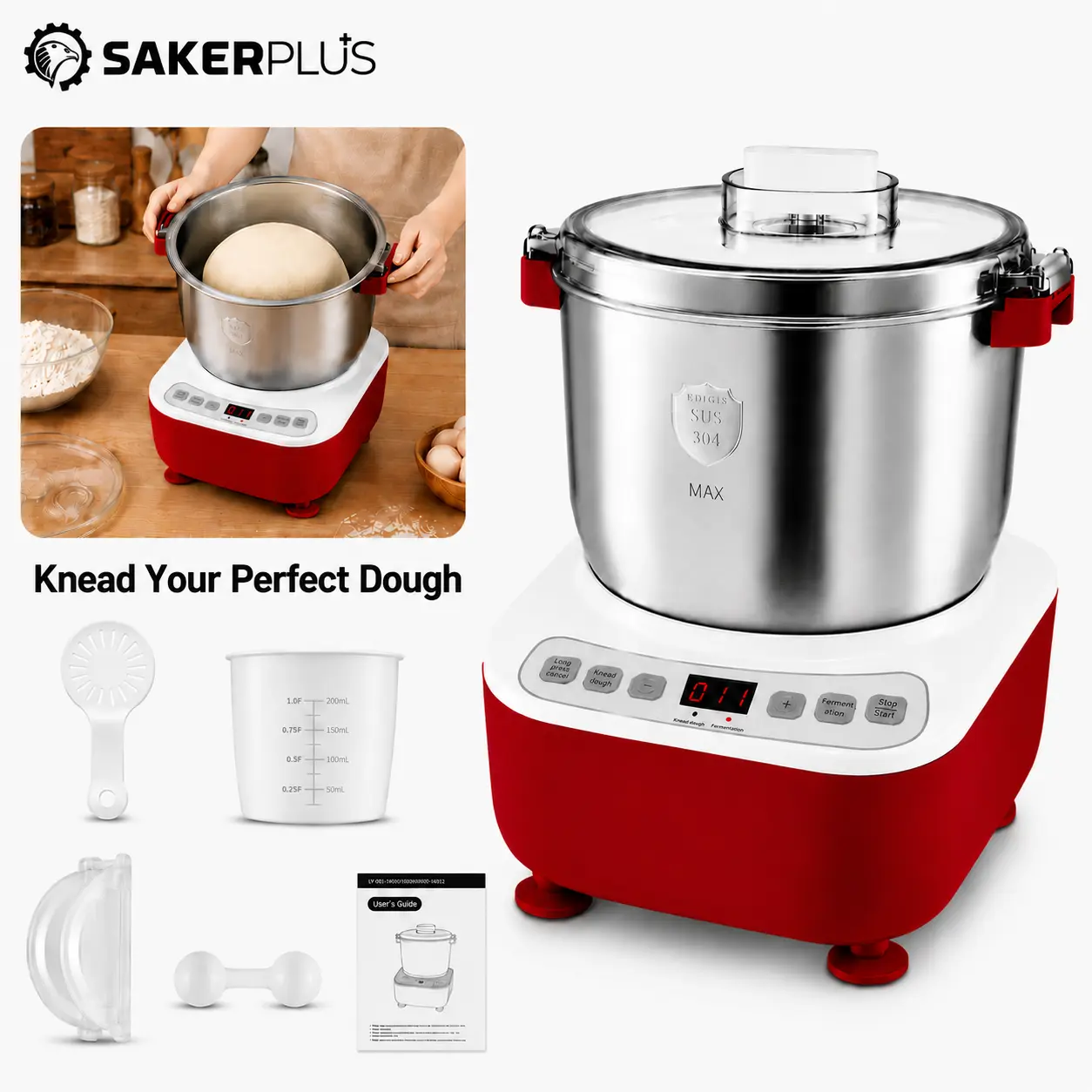 Sakeplus 7.4QT Dough Maker, Dough Mixer with Ferment Function, 304 Stainless Steel Bowl, Removable Lid, Face-up Touch Panel, Electric Dough Proofing Box for Pizza & Bread