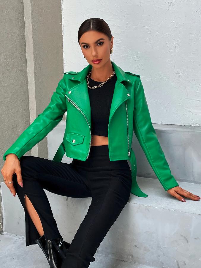 Zip Up Belted PU Moto Jacket *LooKo