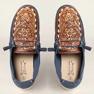 American Darling Hand tooled, carved genuine leather trim lightweight shoe footwear, slip on| Tooled Footwear