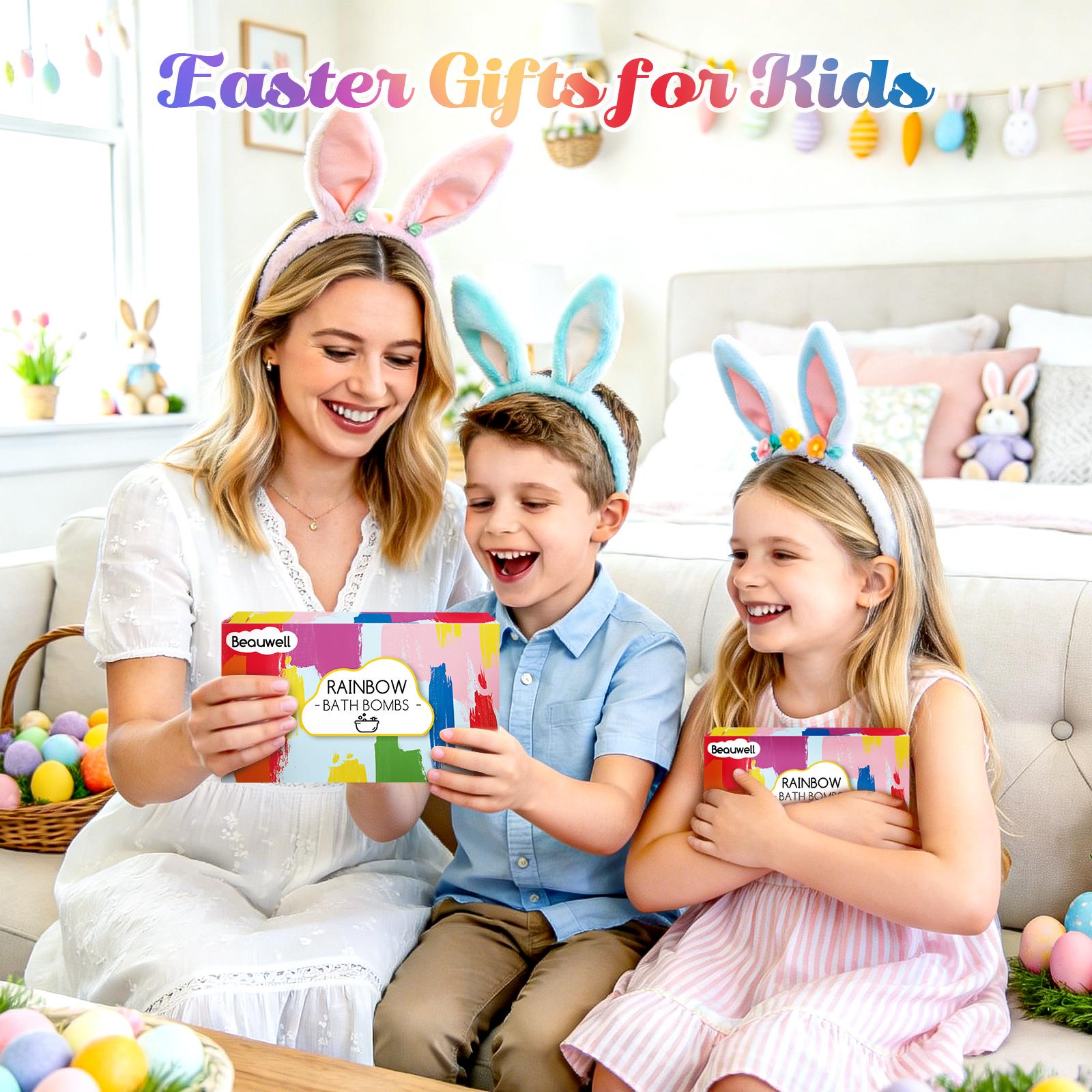 Rainbow Bath Bombs for Kids, Handmade 4 Pcs Kid Bath Bombs Gift Set, Easter Basket Stuffers for Kids Girls Bubble Bath