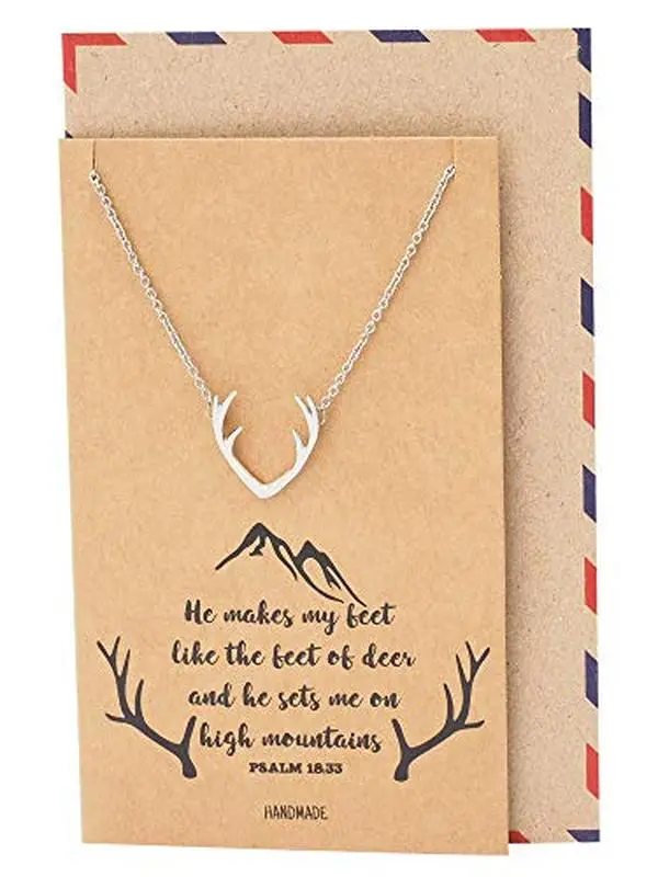 Quan Jewelry Deer Antler Pendant Gemini Necklace, Animal Handmade Jewelry Gift with Inspirational Quote on Greeting Card (Silver)