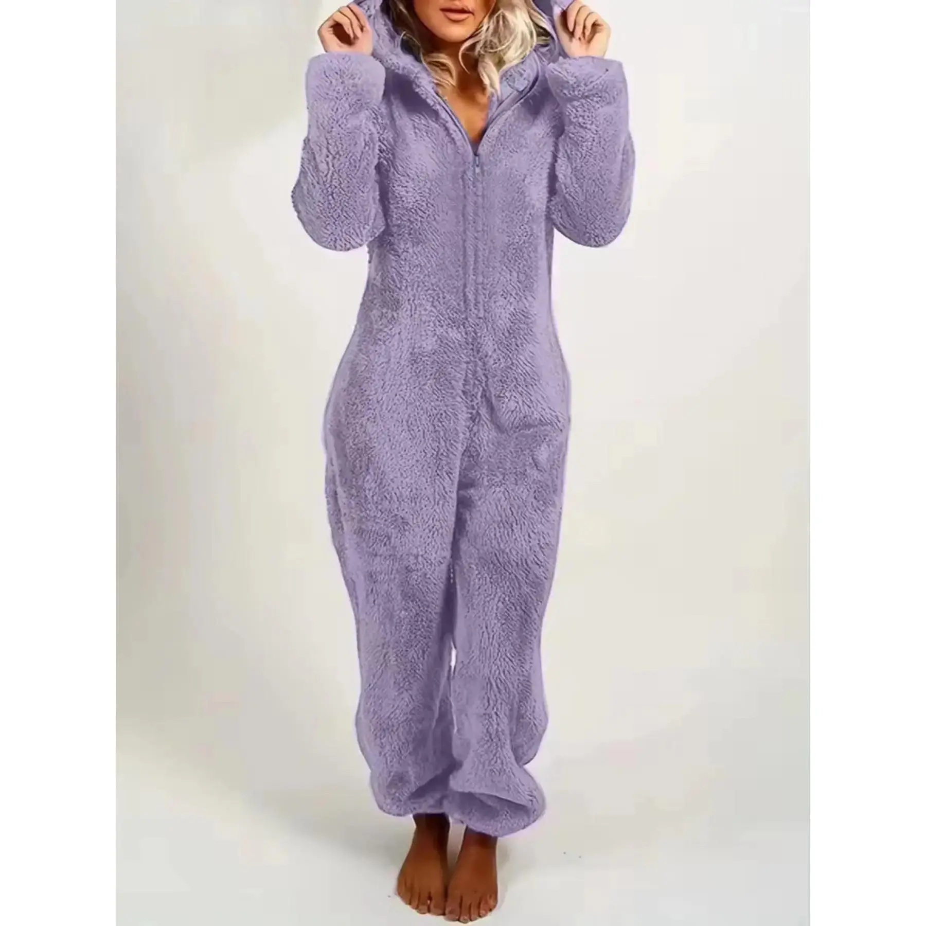 Elegant Women's Solid Zipper Hooded Plush Pajama Jumpsuit, Casual Long Sleeve Teddy Bear Ear Design for Fall & Winter, Sleepwear Indoor Wear, Fluffy Lady Pajamas, Loungewear, Homewear, Pjs, Onesies, Cozy, One Piece