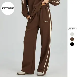 KatchMe Women's Sporty Color-Matching Stripe High Waist Wide Leg Trousers, Versatile Side Pocket Letter Print Daily Outfit, Athleisure Women's Bottom