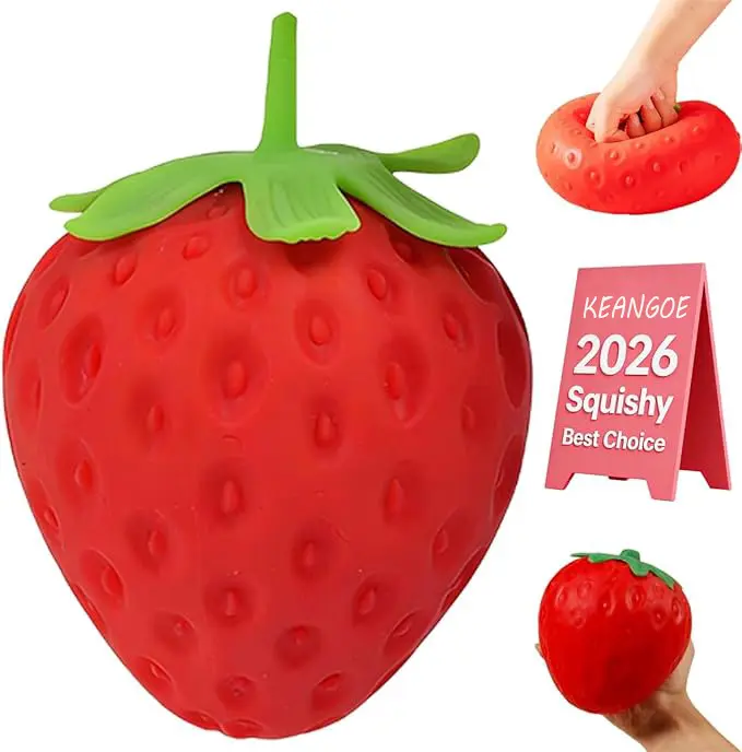 Toymendous Jumbo Strawberry Squishy (5in) - Safe Non-Toxic Stress Relief Fidgeting Toy for Kids 3+, Fruity Fidget Boost, Durable Squishy Toys for Stress Relief & Sensory Play, Jumbo Squishy