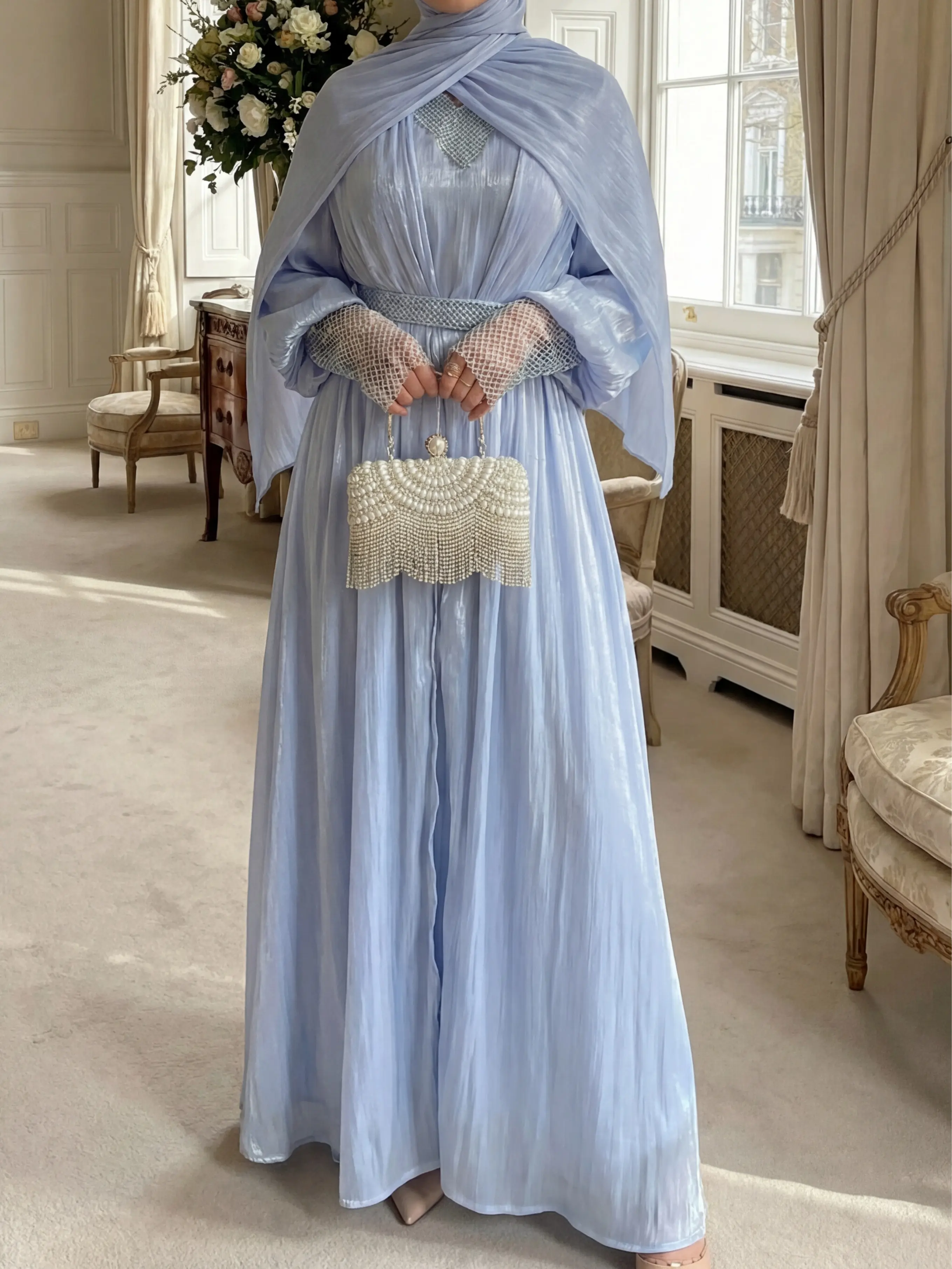 CL04 Shining Luxury Diamond Chiffon Robe Set for Weddings Dinners Dates Four-Piece Maxidresses Shararadress with Hijab Inner Dress Robe Coat and Belt