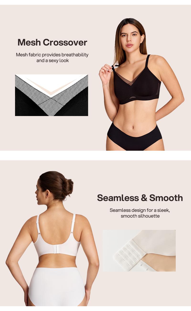 Lilylove Wireless Mesh Crossover Full Coverage Lightly Padded No Underwire Wirefree Comfortable Stretchy Breathable Bralette Adjustable Straps Seamless V Neck Supportive T-shirt Women's Everyday Bra M-3XL