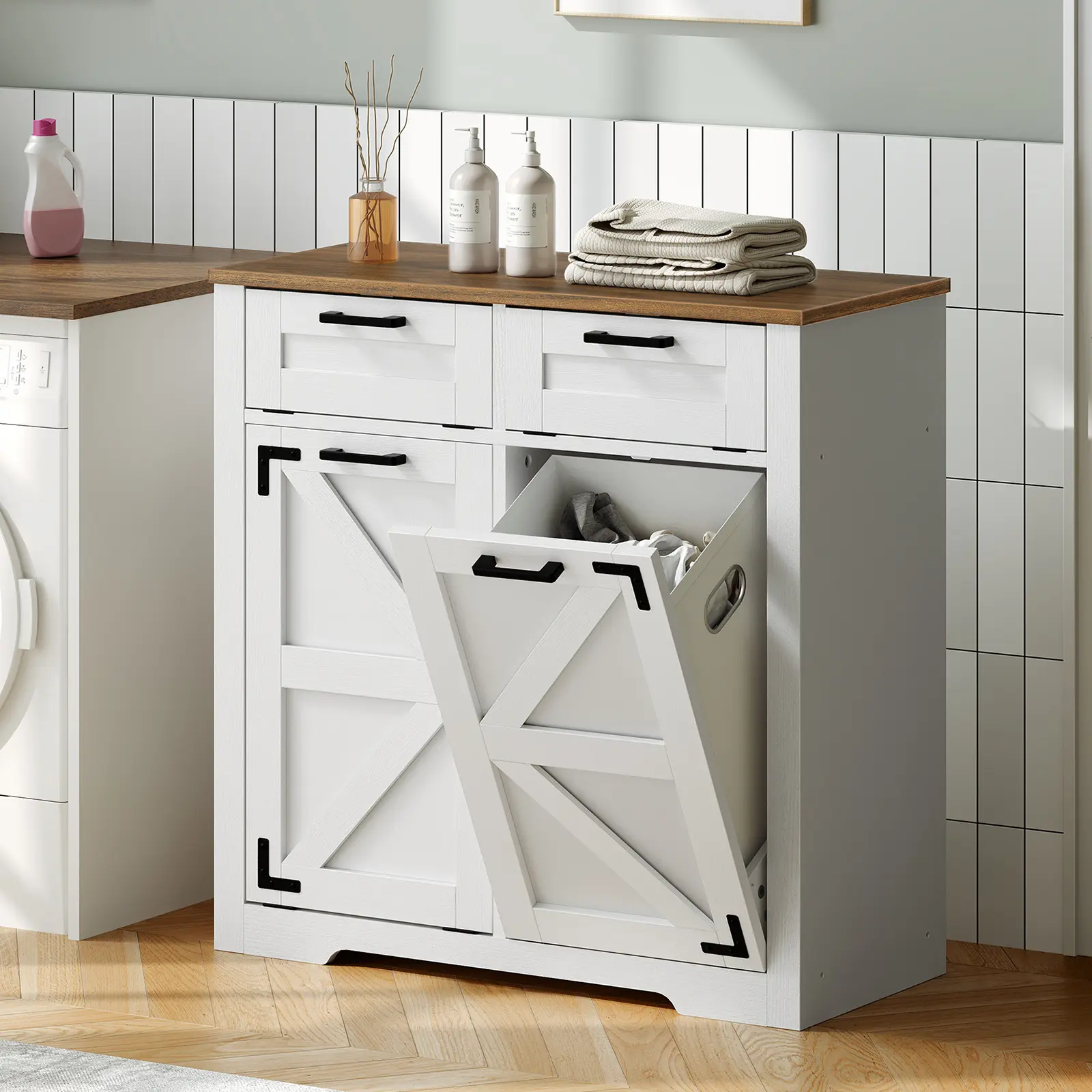 HOOBRO Farmhouse Two-Tone Laundry Hamper Cabinet with Extra Storage and Anti-Tip Kit, Rustic Storage Cabinet with Drawer, for Bathroom and Laundry Room Organization, White and Walnut #SummerVibes#DealsforYouDays #SummerGarden