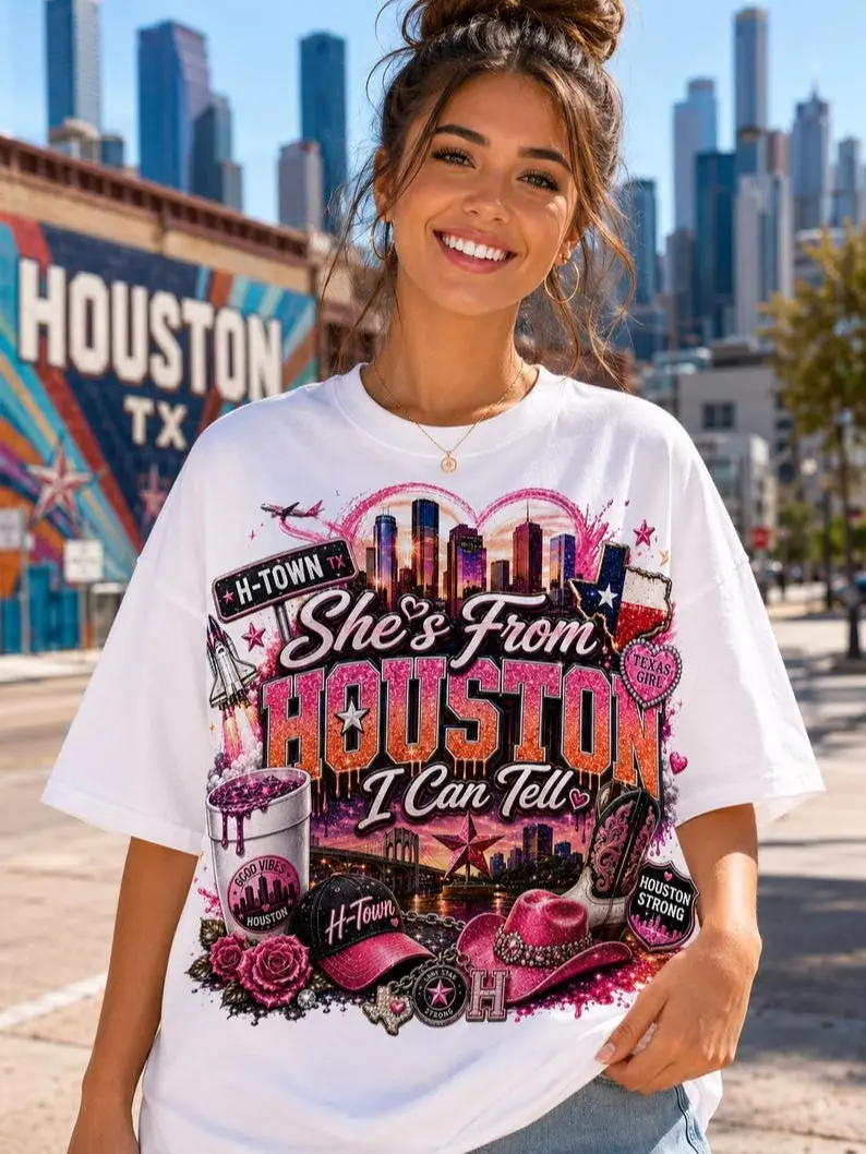[Sale Up to 65% Off][Free Shipping] She's From Houston I Can Tell T-Shirt, Retro Houston Skyline Graphic Tee, Vintage Texas City Shirt, Southern Pride Unisex Gildan Tee, Houston Lover Gift