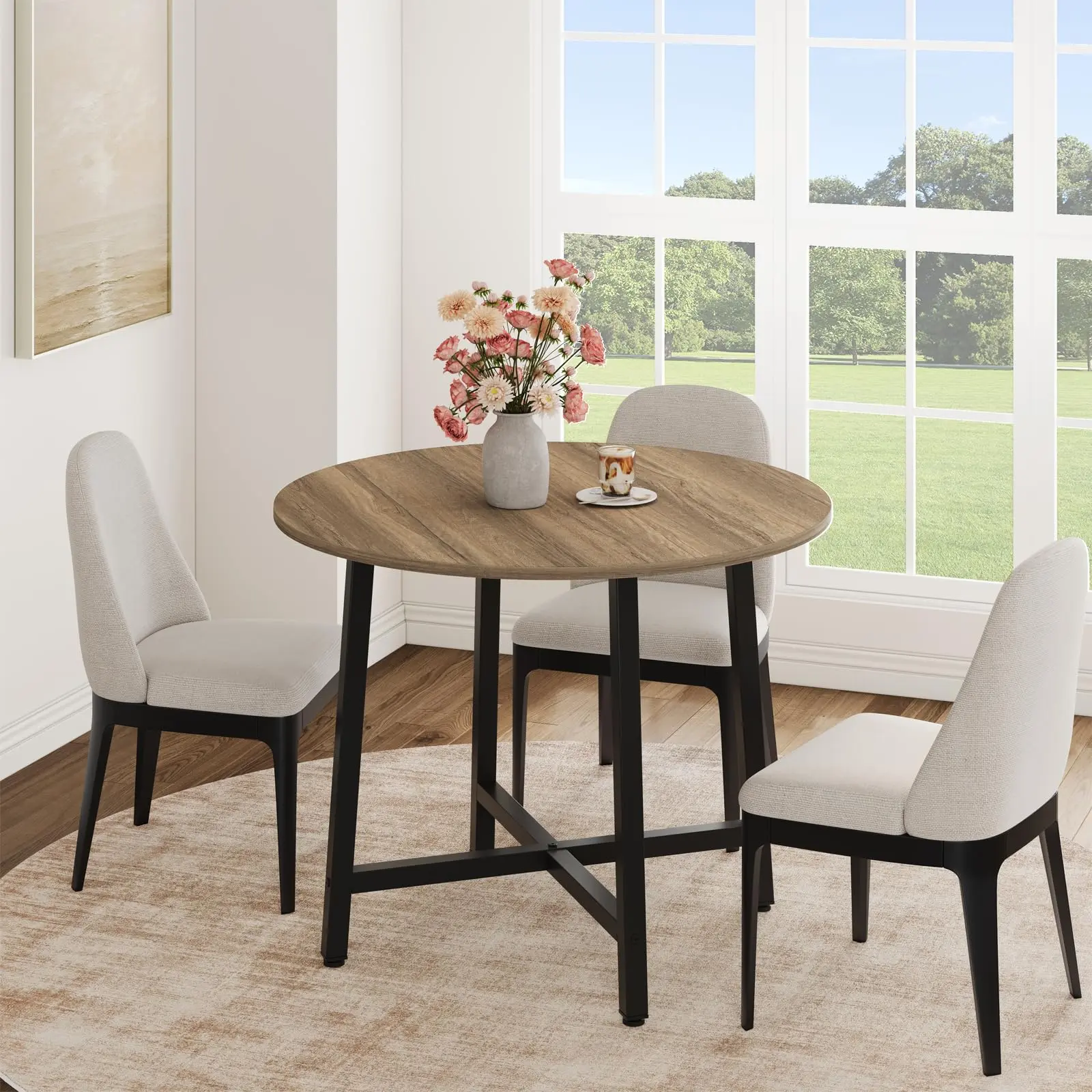 Garvee 31.5x31.5x30in Circle Dinner Table - 4-Seat Dining Table for Apartments, Modern Farmhouse Rustic Oak Finish, Water-Resistant Heat-Resistant Wood Surface, Sturdy Steel Frame, W/ Assembly Guide, Dining Tables