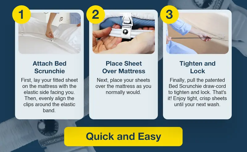 Product Introduction of Bed Scrunchie 3-in-1 Adjustable Bed Sheet Straps & Fasteners – 360° Elastic Fitted Sheet Tightener with Heavy-Duty Anti-Slip Clips – Prevent Loose or Slipping Sheets – Universal Bed Sheet Holder for Deep, Extra-Deep, Pillow-Top & Adjustable Mattresses 50