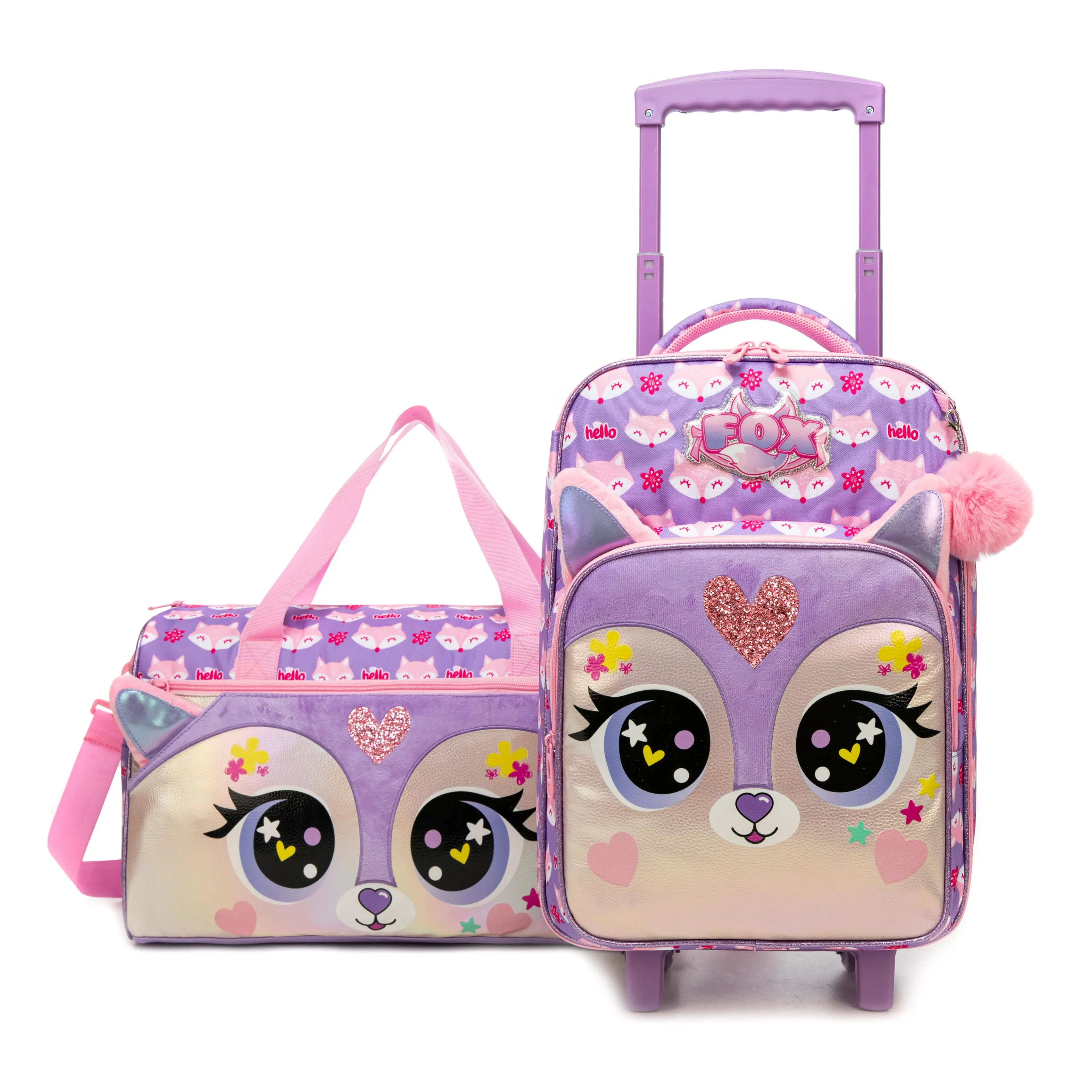 Girls' Chic 3-Piece Lavender Fox Rolling Luggage Set - Zip Closure, Graphic Glitter Heart, Metallic Travel Bag, Inline Rolling Wheels, Purple Aesthetic Suitcase with Pink Pompom Charm, Matching Sets for School Trips & Vacation, 3-Piece Set