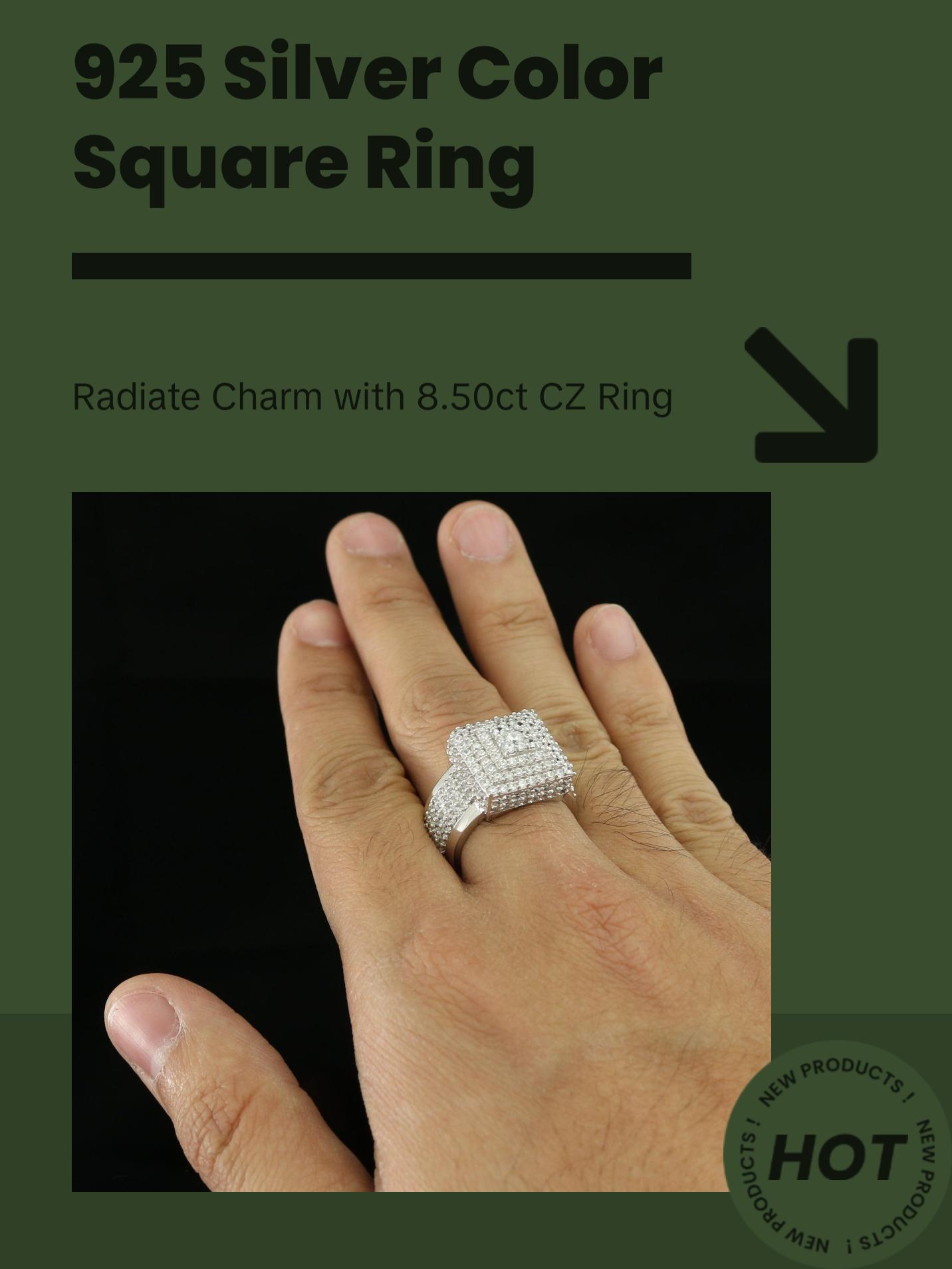 King Of Bling's 925 Silver White 8.50ct Cubic Zirconia Wide Square Fancy Unisex Ring Size 8
