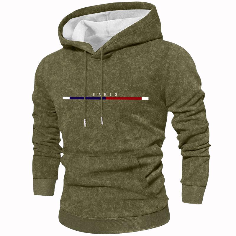 Men's spring and autumn lightweight long-sleeve pocket hoodie with stylish Paris letter print, casual sports streetwear brand, suitable for cool weather during the season, perfect for outdoor activities and fashionable outings.