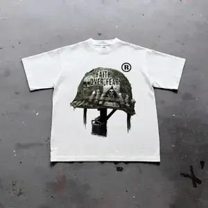 FEEGO War Helmet Faith Over Fear Graphic Print Cotton T-Shirt, grunge y2k emo scene tapout goth amity affliction style clothes, Unisex T-shirt