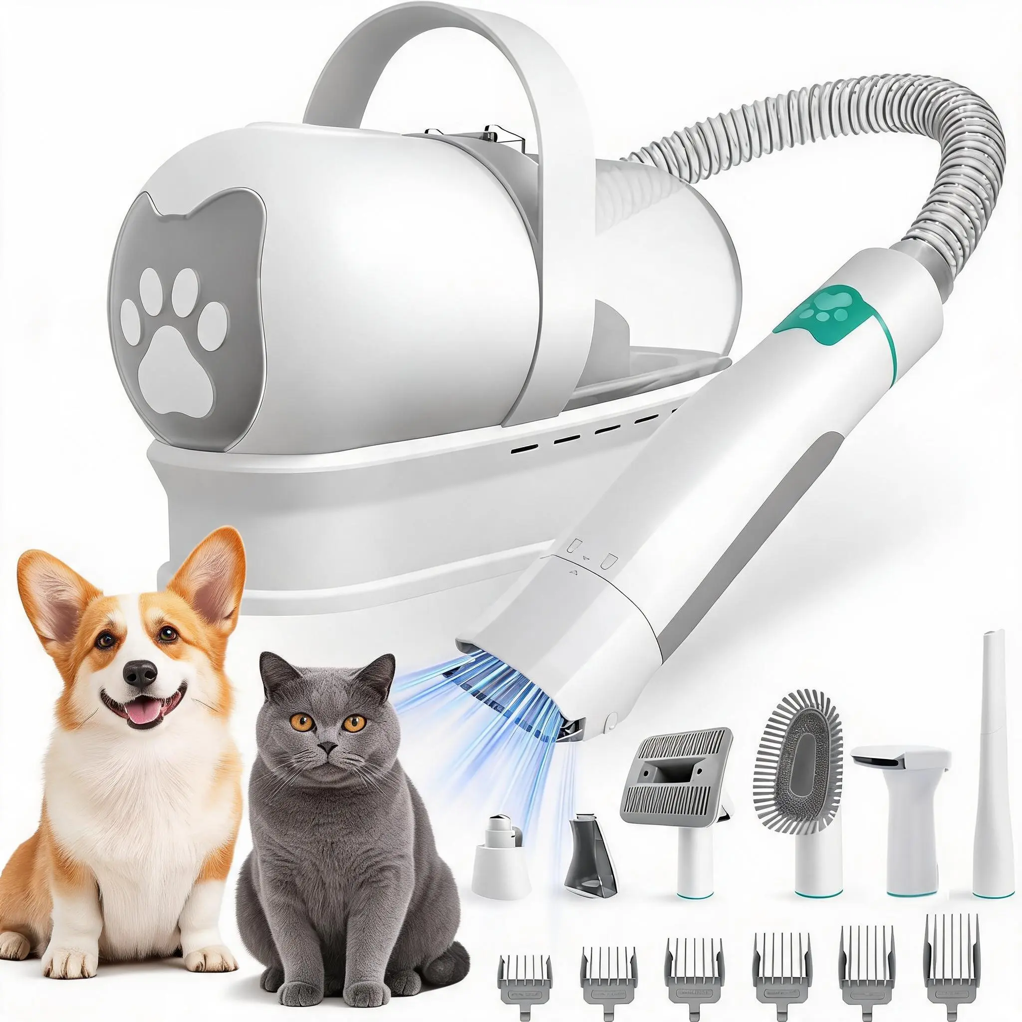 7-in-1 Pet Grooming Vacuum Kit with Dog Hair Clipper & Nail Grinder - Heavy-Duty Anti-Shedding Grooming Tool Set for Dogs & Cats