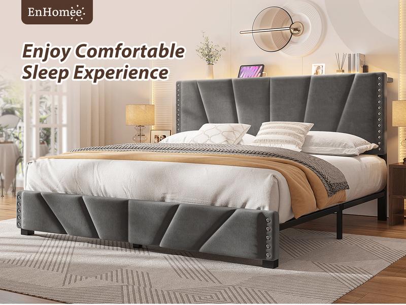 Upholstered Bed Frame for King Queen Fullwith LED & USB Ports,No Mattress, Modern Luxury Platform Bed Frame with Headboard and Storage Shelf, No Noise, Holds 800lbs, Wood Slats & Metal Frame, Gray, Beige Upholstered Bed Frame for King Queen Fullwith LED & USB Ports,No Mattress, Modern Luxury Platform Bed Frame with Headboard and Storage Shelf, No Noise, Holds 800lbs, Wood Slats & Metal Frame, Gray, Beige