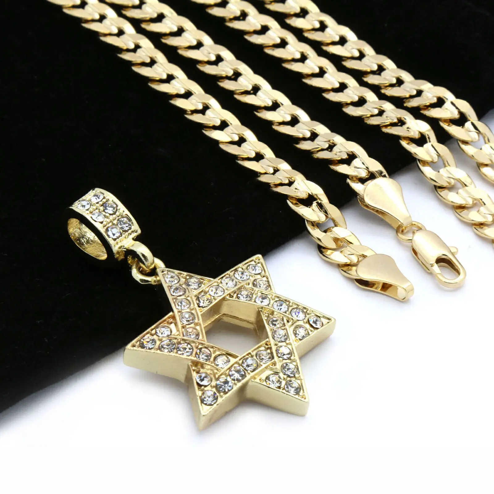 MaxBling81 Star of David Gold Plated Pendant with 14K Stamped 5mm Miami Cuban Chain, 20" or 24" Hip Hop Jewelry Fashion Necklace for Costume Accessories