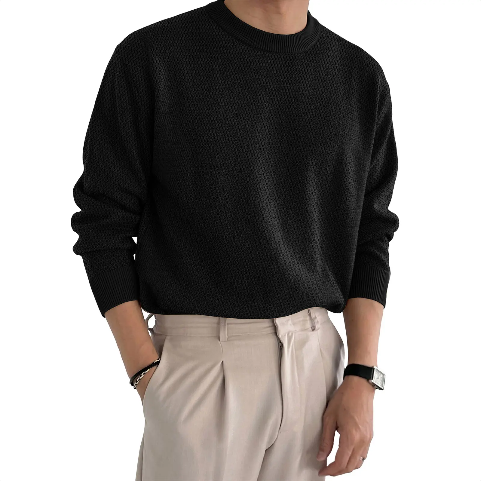 JMIERR Men's Ripple Textured Heavyweight Crewneck Knit Sweater | Ripple Knit, Heavyweight, Soft Fabric, Casual Daily, For Fall Winter Fashion